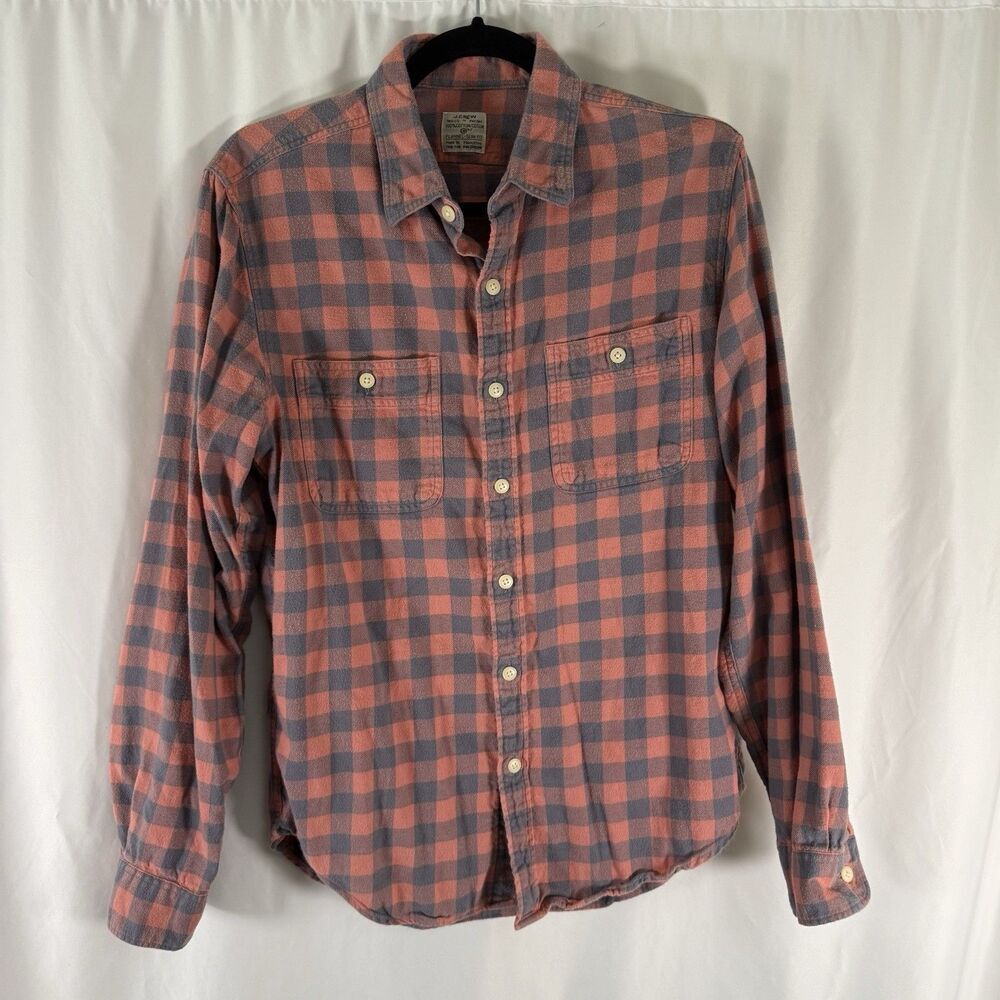 J Crew Flannel Slim Fit Button Down Shirt Men's Medium Orange Plaid Long Sleeve